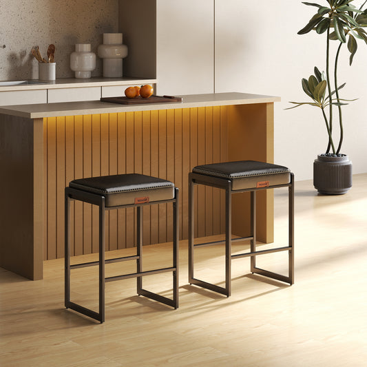Set of 2 Mid-Century Modern Bar Stools, 26-Inch Counter Height Stools with Synthetic Leather & Adjustable Feet
