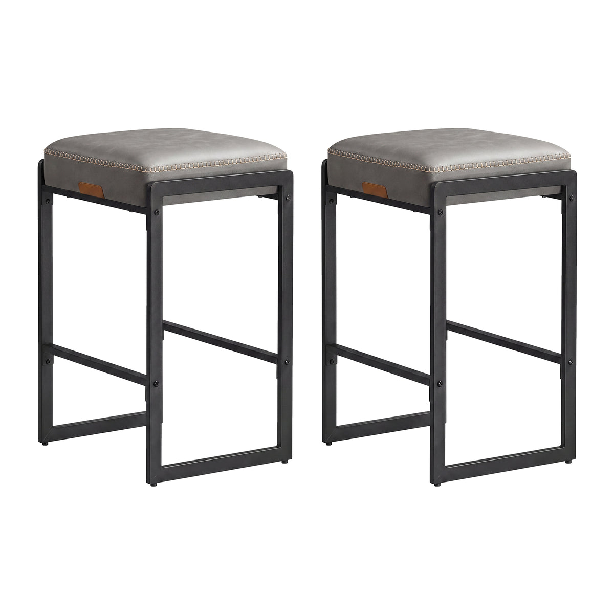 LEDREM Kitchen Counter Stools, Bar Stools Set of 2, Synthetic Leather with Stitching, Mid-Century Modern, 26-Inch Tall, Home Bar Dining Room, Gray