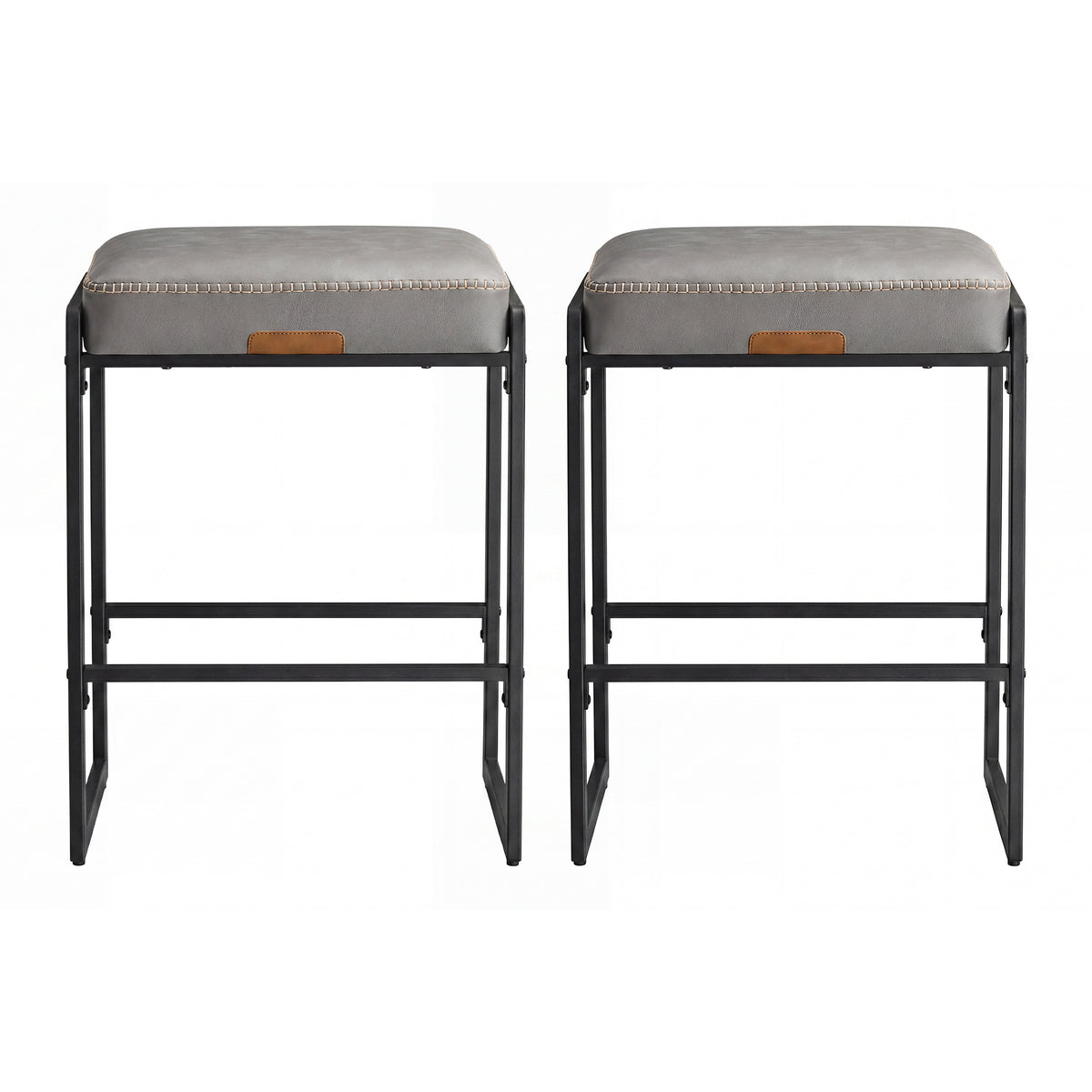 LEDREM Kitchen Counter Stools, Bar Stools Set of 2, Synthetic Leather with Stitching, Mid-Century Modern, 26-Inch Tall, Home Bar Dining Room, Gray