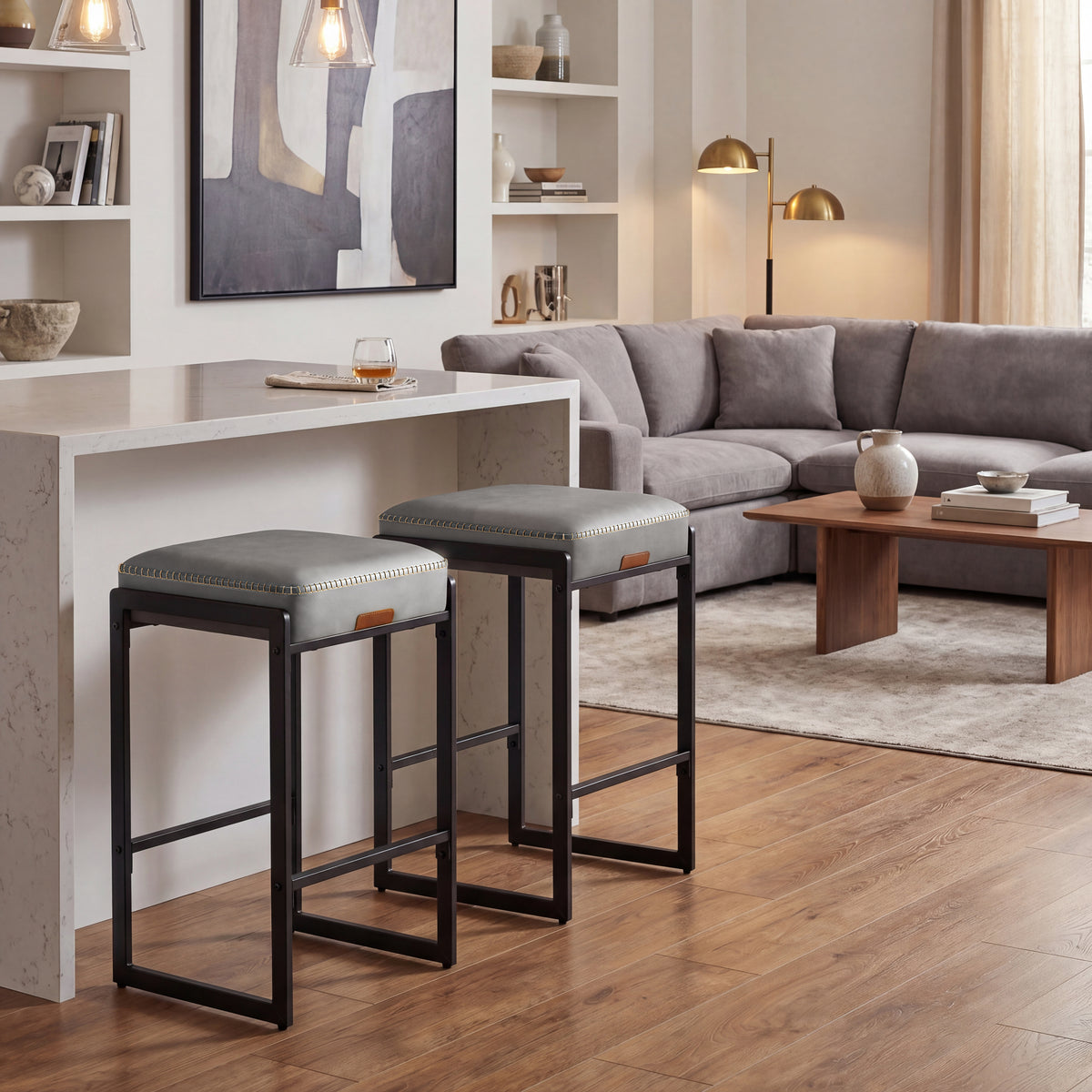 LEDREM Kitchen Counter Stools, Bar Stools Set of 2, Synthetic Leather with Stitching, Mid-Century Modern, 26-Inch Tall, Home Bar Dining Room, Gray