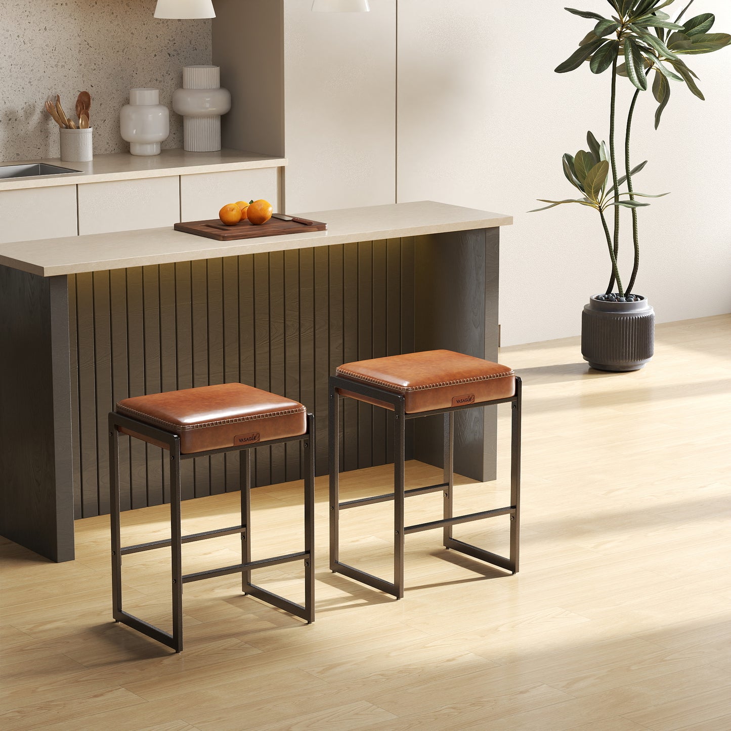 EKHO Collection - Set of 2 Mid-Century Modern Counter Stools, 26" Height, Synthetic Leather Seat, Adjustable Feet, for Kitchen，Bar，Dining, Caramel Brown