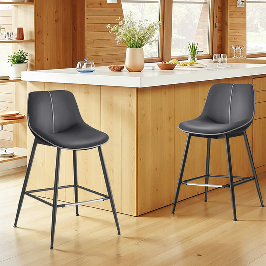 Counter Height Bar Stools Set of 2, Ergonomic Backrest & Synthetic Leather Seat, Sturdy Steel Frame, Swivel Leveling Feet, for Kitchen Island，Home Bar, Ink Black