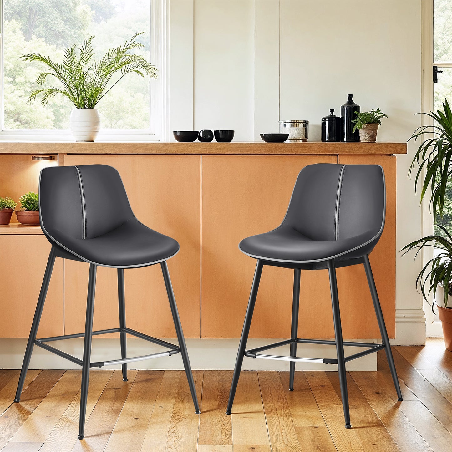 Counter Height Bar Stools Set of 2, Ergonomic Backrest & Synthetic Leather Seat, Sturdy Steel Frame, Swivel Leveling Feet, for Kitchen Island，Home Bar, Ink Black