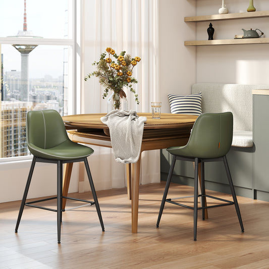 Counter Height Bar Stools Set of 2 with Ergonomic Backrest, Synthetic Leather Seat, Sturdy Metal Legs & Leveling Feet for Kitchen Island, Home Bar – Forest Green