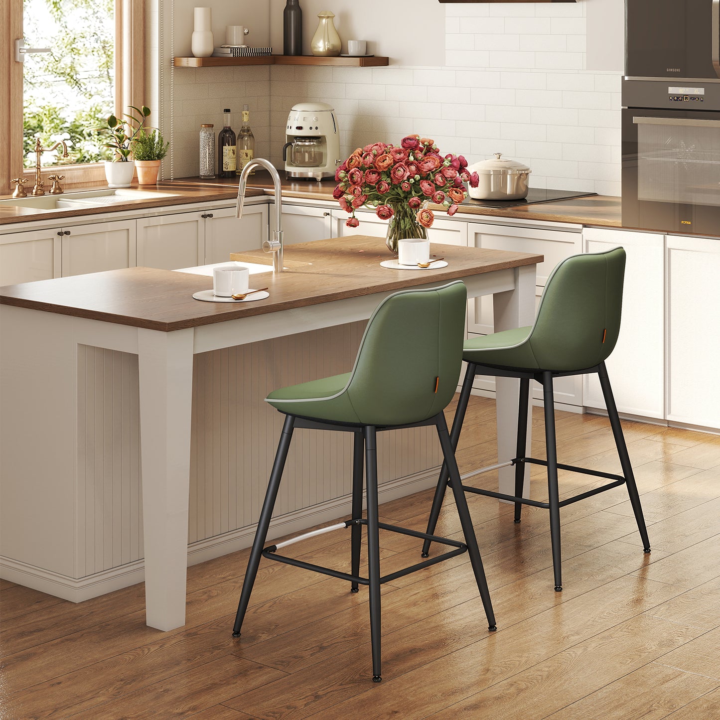 Counter Height Bar Stools Set of 2 with Ergonomic Backrest, Synthetic Leather Seat, Sturdy Metal Legs & Leveling Feet for Kitchen Island, Home Bar – Forest Green