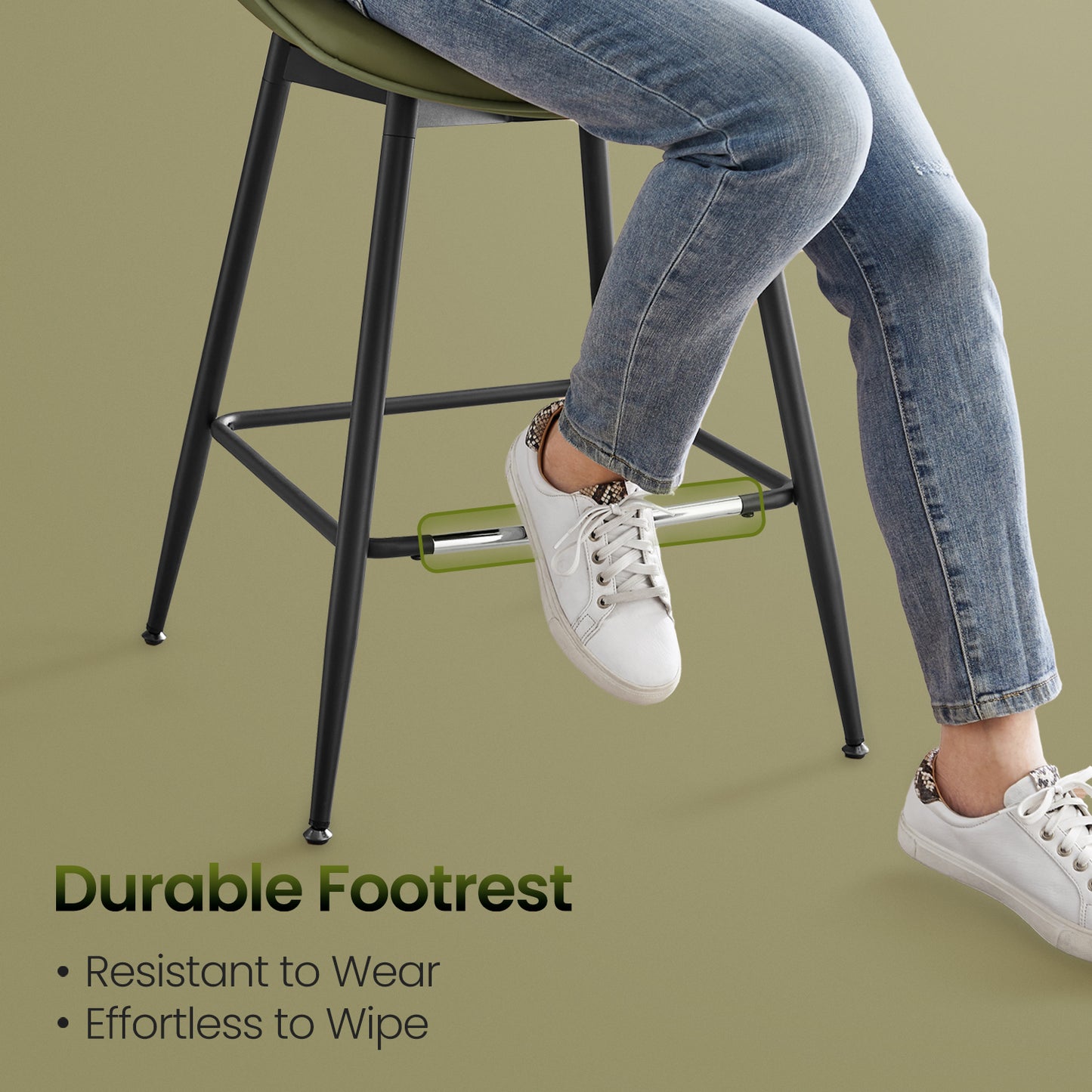 Counter Height Bar Stools Set of 2 with Ergonomic Backrest, Synthetic Leather Seat, Sturdy Metal Legs & Leveling Feet for Kitchen Island, Home Bar – Forest Green