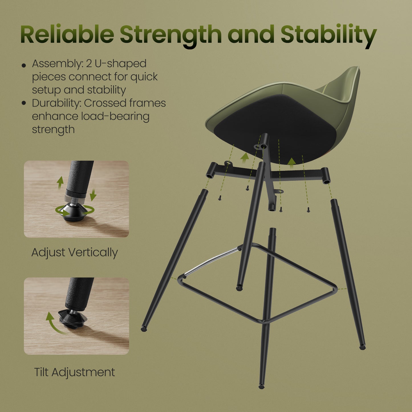 Counter Height Bar Stools Set of 2 with Ergonomic Backrest, Synthetic Leather Seat, Sturdy Metal Legs & Leveling Feet for Kitchen Island, Home Bar – Forest Green
