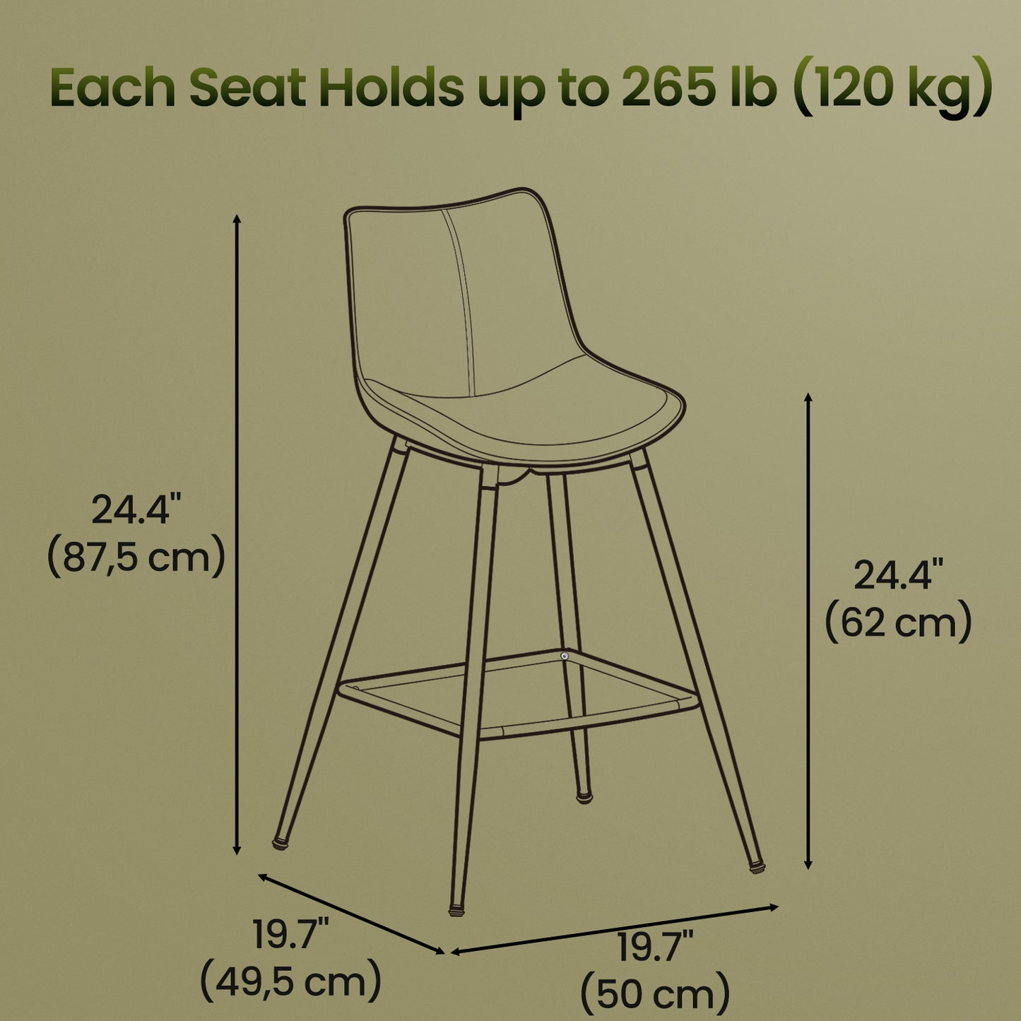 Counter Height Bar Stools Set of 2 with Ergonomic Backrest, Synthetic Leather Seat, Sturdy Metal Legs & Leveling Feet for Kitchen Island, Home Bar – Forest Green