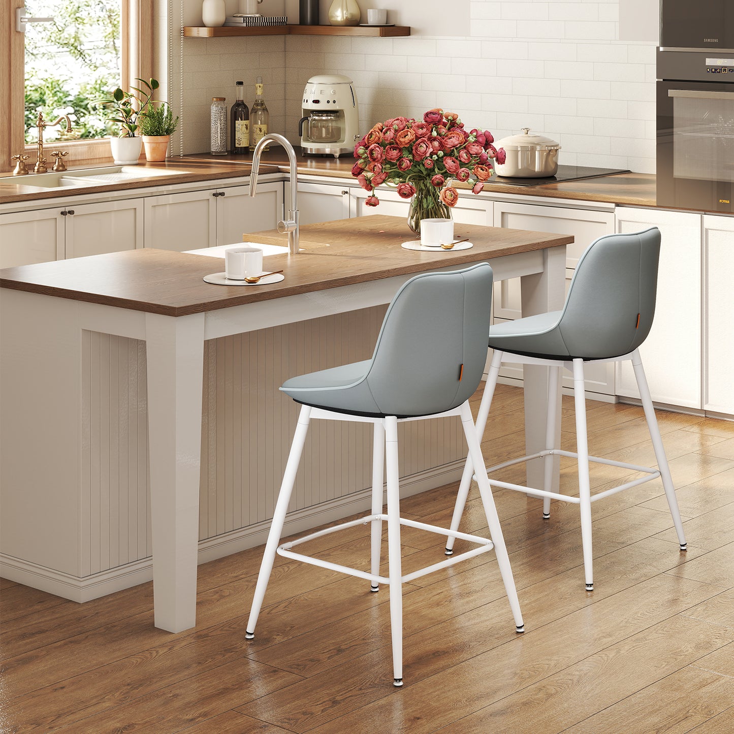 Counter Height Bar Stools Set of 2 with Ergonomic Backrest, Synthetic Leather Seat, Sturdy Metal Frame – Swivel Leveling Feet, Modern Design for Kitchen Island & Home Bar, Dove Gray