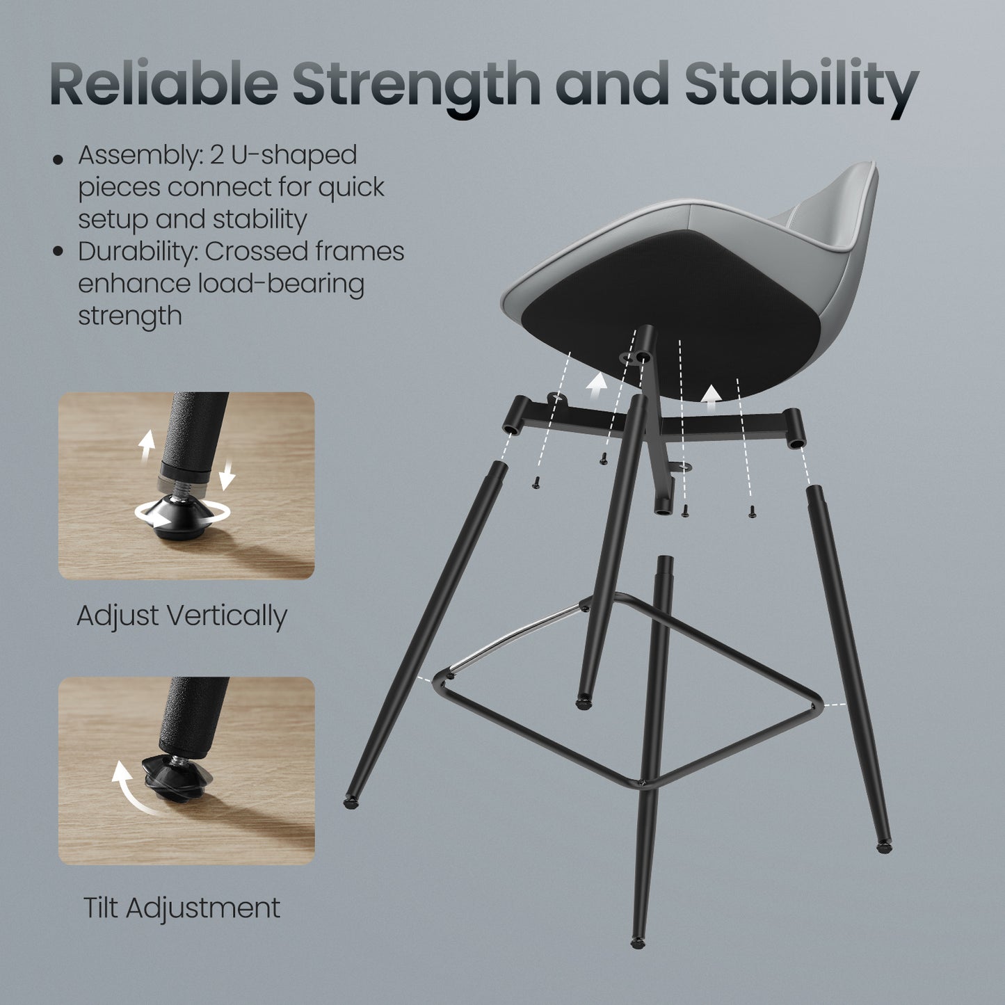 Counter Height Bar Stools Set of 2 with Ergonomic Backrest, Synthetic Leather Seat, Sturdy Metal Frame – Swivel Leveling Feet, Modern Design for Kitchen Island & Home Bar, Dove Gray