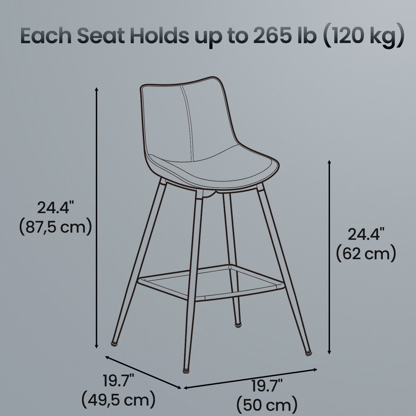 Counter Height Bar Stools Set of 2 with Ergonomic Backrest, Synthetic Leather Seat, Sturdy Metal Frame – Swivel Leveling Feet, Modern Design for Kitchen Island & Home Bar, Dove Gray