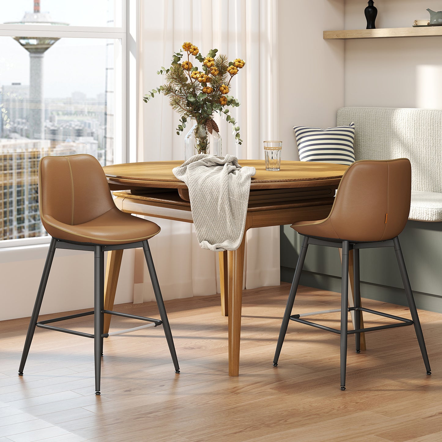 Bar Stools Set of 2, Counter Height Swivel Bar Stools with Ergonomic Backrest, Synthetic Leather Seat, Sturdy Steel Frame, Leveling Feet for Stability, Modern Kitchen Island & Home Bar, Caramel Brown