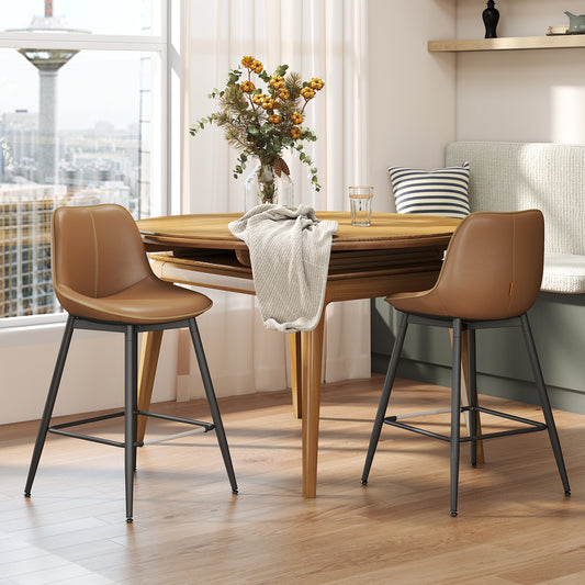 Bar Stools Set of 2, Counter Height Swivel Bar Stools with Ergonomic Backrest, Synthetic Leather Seat, Sturdy Steel Frame, Leveling Feet for Stability, Modern Kitchen Island & Home Bar, Caramel Brown