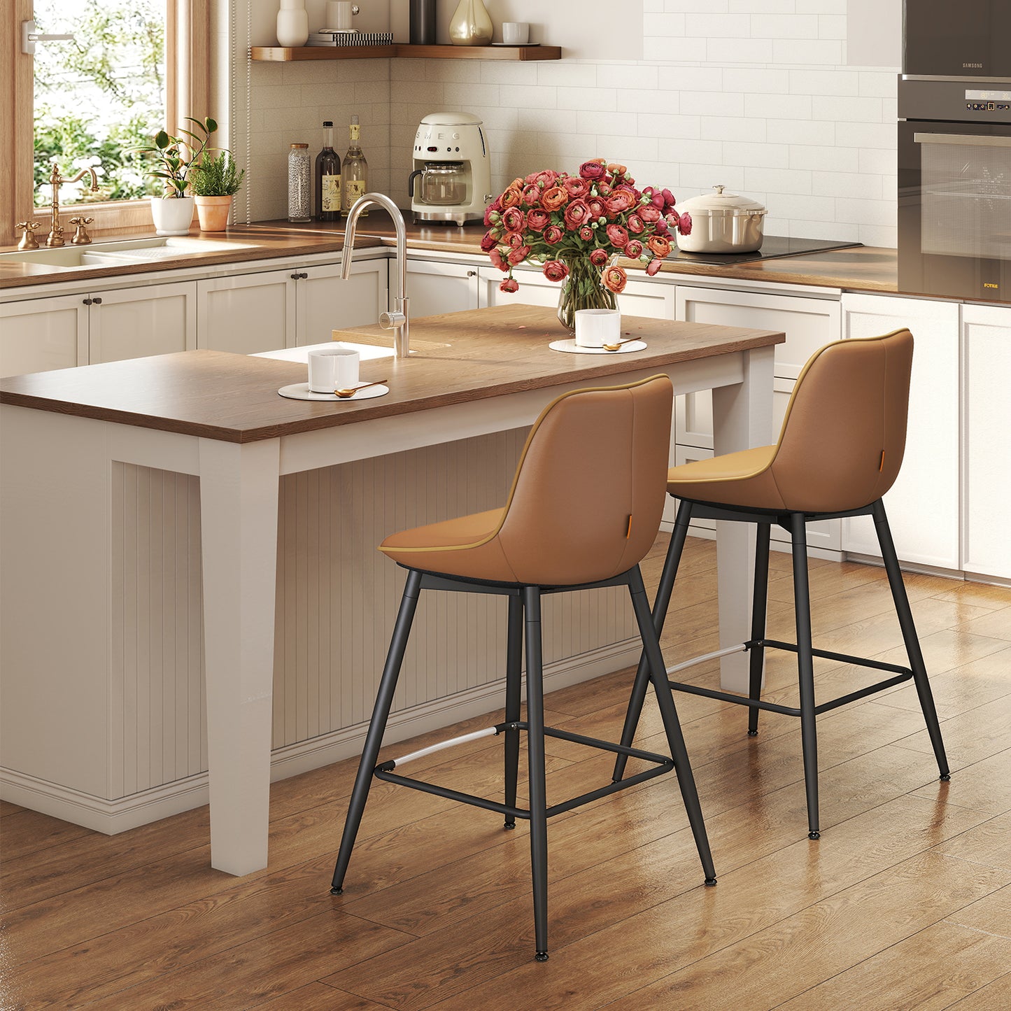 Bar Stools Set of 2, Counter Height Swivel Bar Stools with Ergonomic Backrest, Synthetic Leather Seat, Sturdy Steel Frame, Leveling Feet for Stability, Modern Kitchen Island & Home Bar, Caramel Brown