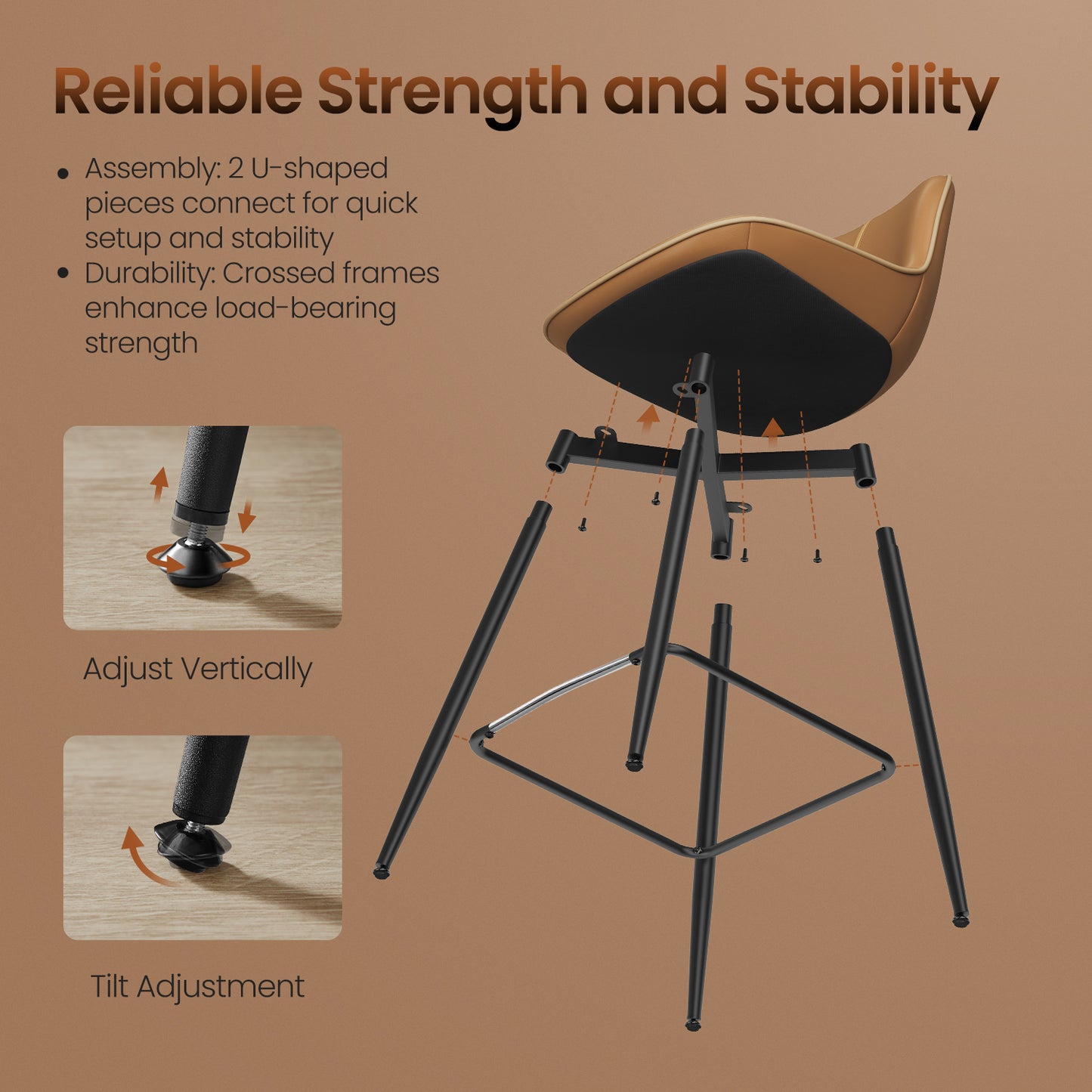 Bar Stools Set of 2, Counter Height Swivel Bar Stools with Ergonomic Backrest, Synthetic Leather Seat, Sturdy Steel Frame, Leveling Feet for Stability, Modern Kitchen Island & Home Bar, Caramel Brown