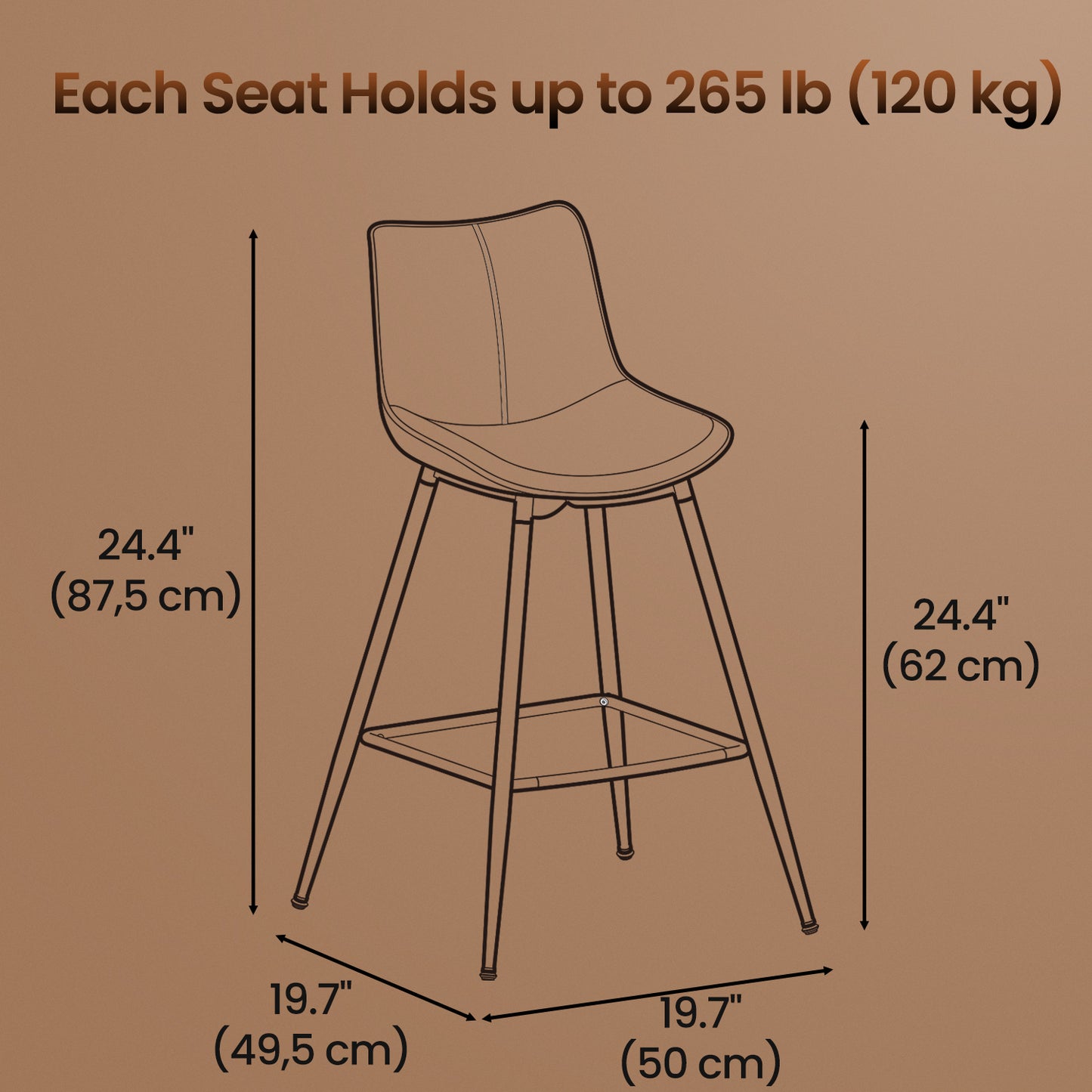 Bar Stools Set of 2, Counter Height Swivel Bar Stools with Ergonomic Backrest, Synthetic Leather Seat, Sturdy Steel Frame, Leveling Feet for Stability, Modern Kitchen Island & Home Bar, Caramel Brown