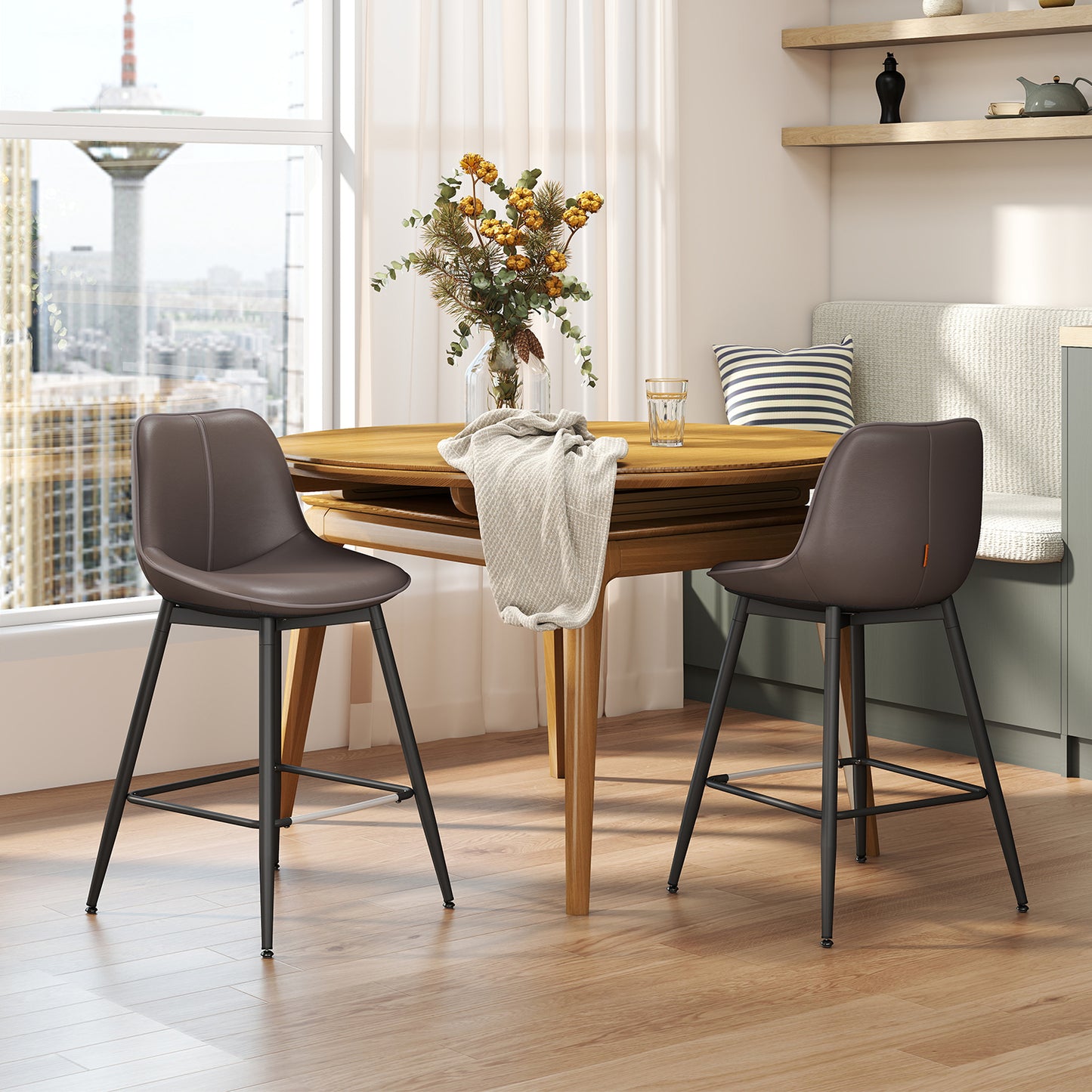 Counter Height Bar Stools Set of 2, Ergonomic Backrest & Synthetic Leather Seat, Sturdy Metal Frame & Leveling Feet, Swivel Kitchen Island Stools for Home Bar, Chestnut Brown