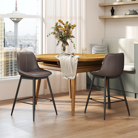 Counter Height Bar Stools Set of 2, Ergonomic Backrest & Synthetic Leather Seat, Sturdy Metal Frame & Leveling Feet, Swivel Kitchen Island Stools for Home Bar, Chestnut Brown
