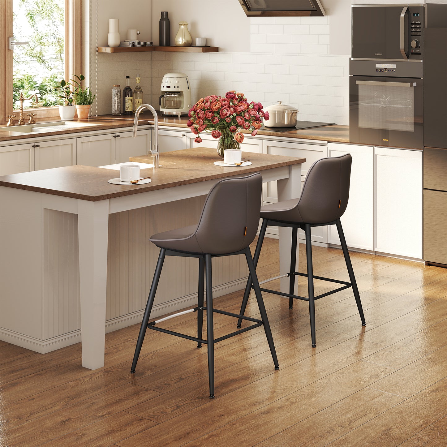 Counter Height Bar Stools Set of 2, Ergonomic Backrest & Synthetic Leather Seat, Sturdy Metal Frame & Leveling Feet, Swivel Kitchen Island Stools for Home Bar, Chestnut Brown