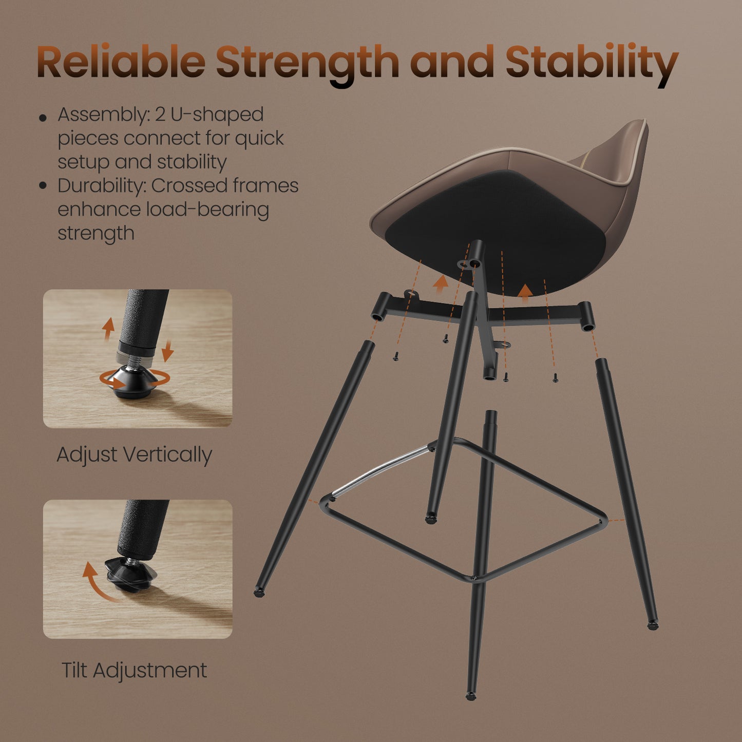 Counter Height Bar Stools Set of 2, Ergonomic Backrest & Synthetic Leather Seat, Sturdy Metal Frame & Leveling Feet, Swivel Kitchen Island Stools for Home Bar, Chestnut Brown