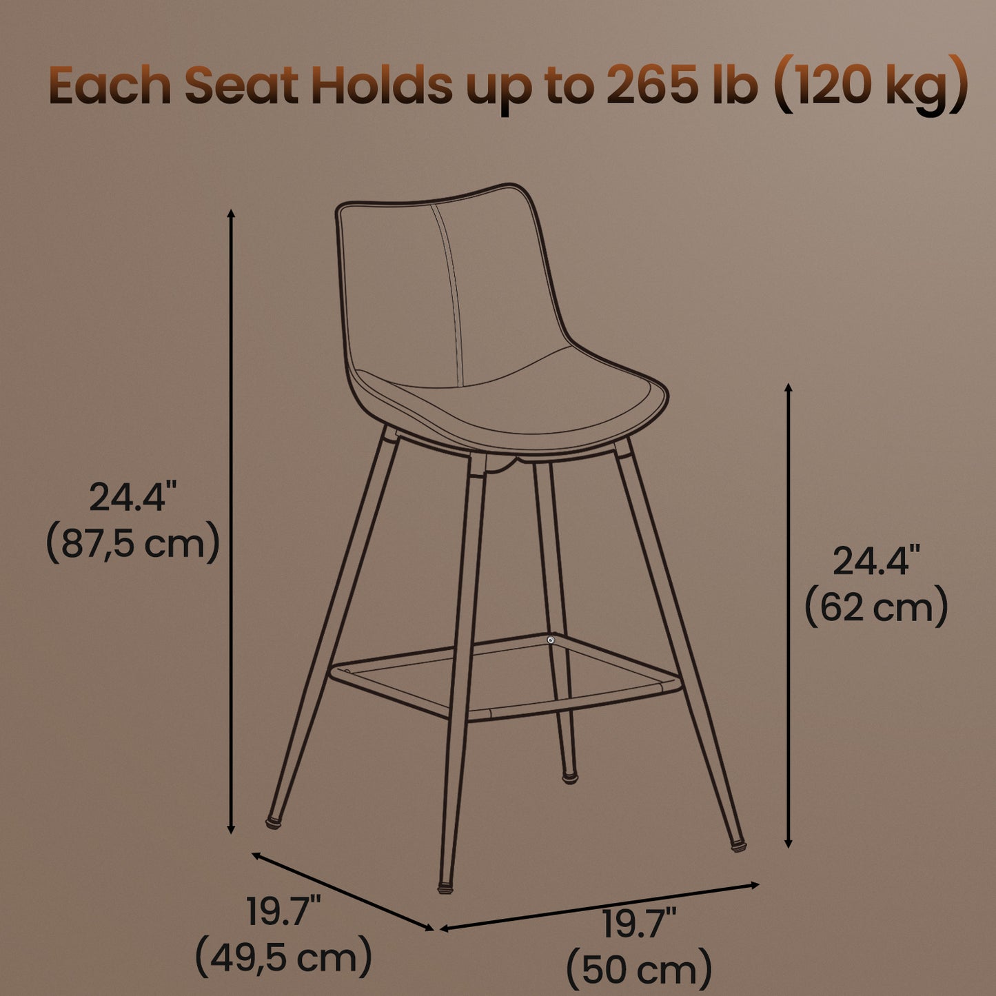Counter Height Bar Stools Set of 2, Ergonomic Backrest & Synthetic Leather Seat, Sturdy Metal Frame & Leveling Feet, Swivel Kitchen Island Stools for Home Bar, Chestnut Brown