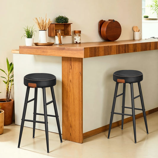Set of 2 Backless Bar Height Stools, Mid-Century Modern Kitchen & Home Bar Counter Stools, Padded Synthetic Leather Seats, 30-Inch Tall, Ink Black