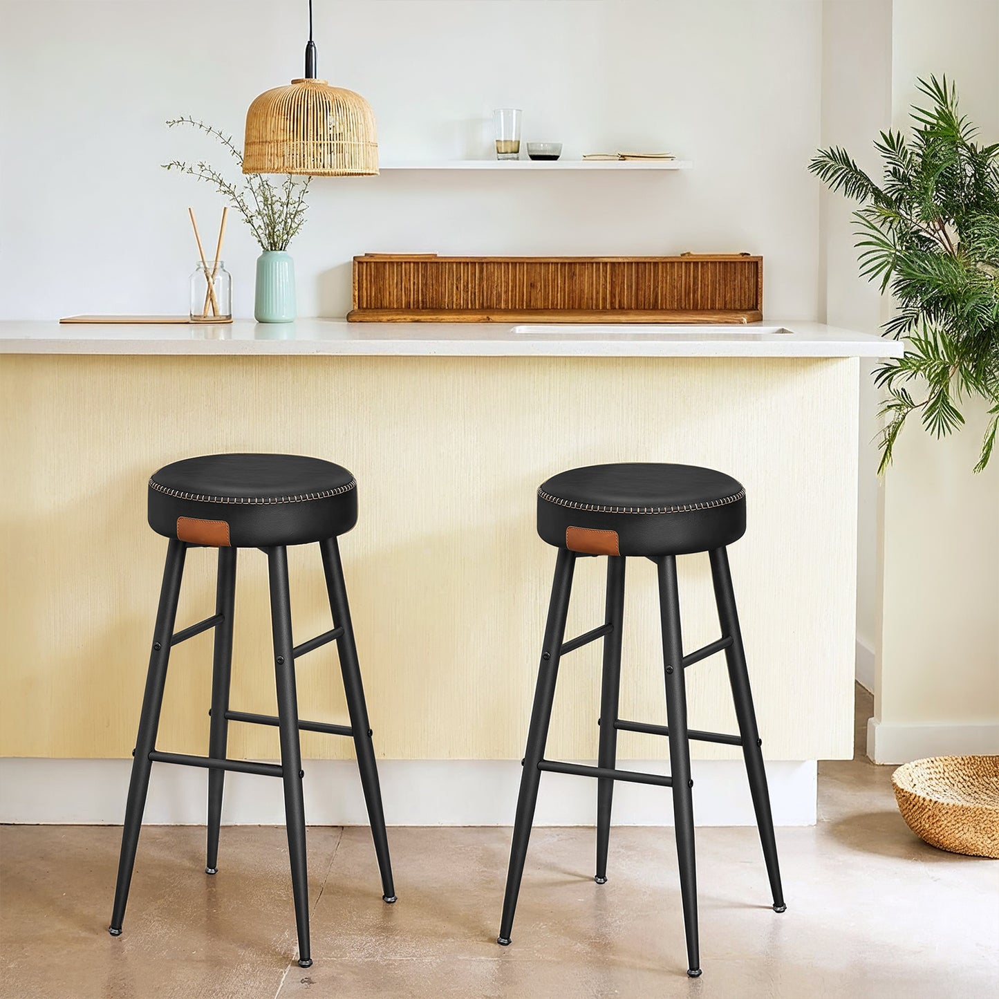 Set of 2 Backless Bar Height Stools, Mid-Century Modern Kitchen & Home Bar Counter Stools, Padded Synthetic Leather Seats, 30-Inch Tall, Ink Black