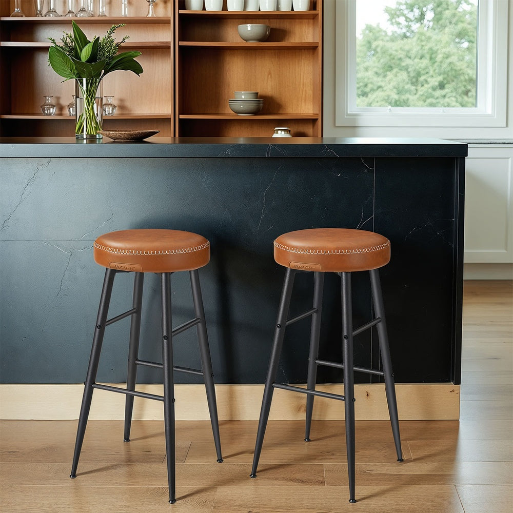Set of 2 Backless Bar Height Stools, Mid-Century Modern Kitchen & Home Bar Counter Stools, Padded Synthetic Leather Seats, 30-Inch Tall, Caramel Brown