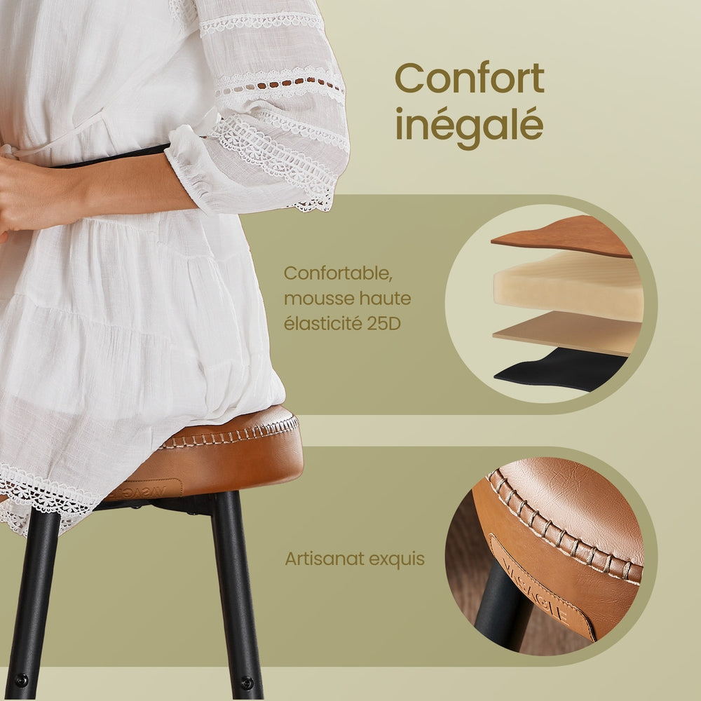 Set of 2 Backless Bar Height Stools, Mid-Century Modern Kitchen & Home Bar Counter Stools, Padded Synthetic Leather Seats, 30-Inch Tall, Caramel Brown