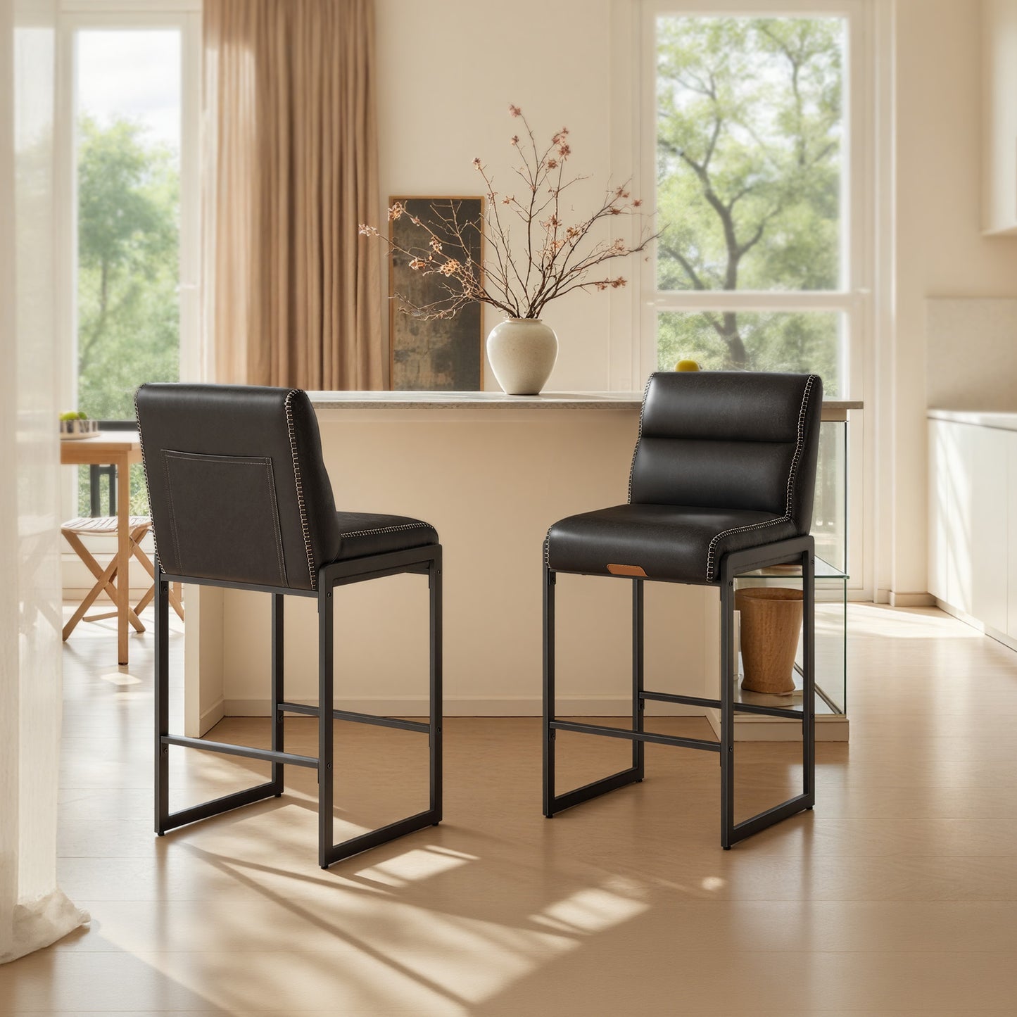 Bar Stools Set of 2, Counter Height Dining Chairs with Backs & Ergonomic Seat, Mid-Century Modern with Synthetic Leather Stitching, Integrated Back Pocket, Ink Black