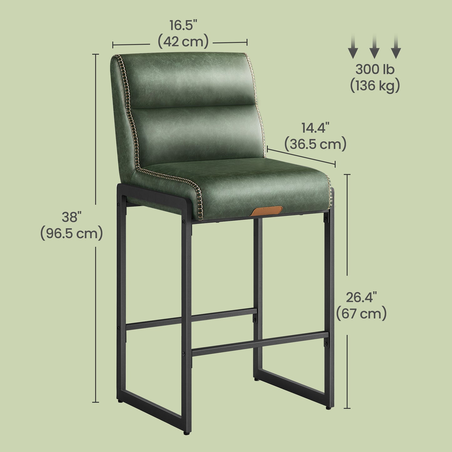 Bar Stools Set of 2, Counter Height Dining Chairs with Backs & Ergonomic Seat, Mid-Century Modern with Synthetic Leather Stitching, Integrated Back Pocket, Forest Green