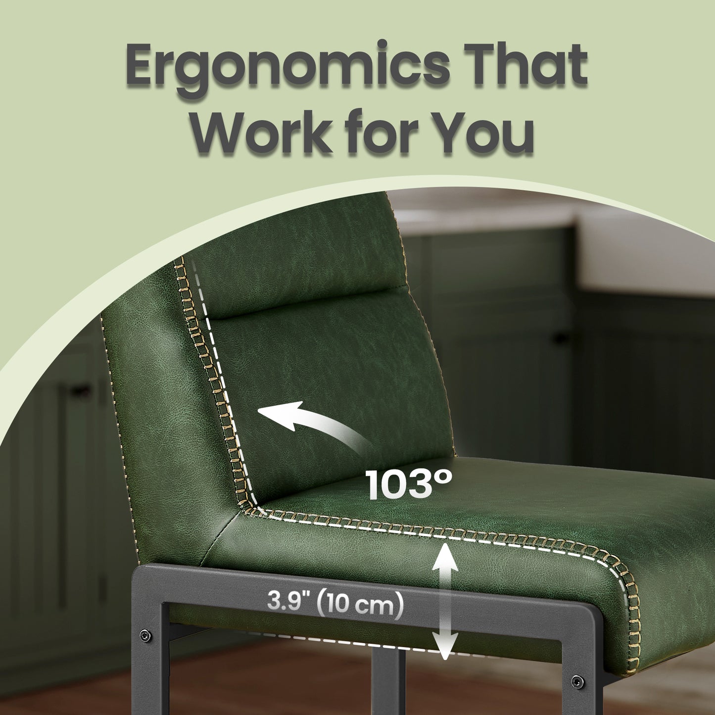 Bar Stools Set of 2, Counter Height Dining Chairs with Backs & Ergonomic Seat, Mid-Century Modern with Synthetic Leather Stitching, Integrated Back Pocket, Forest Green