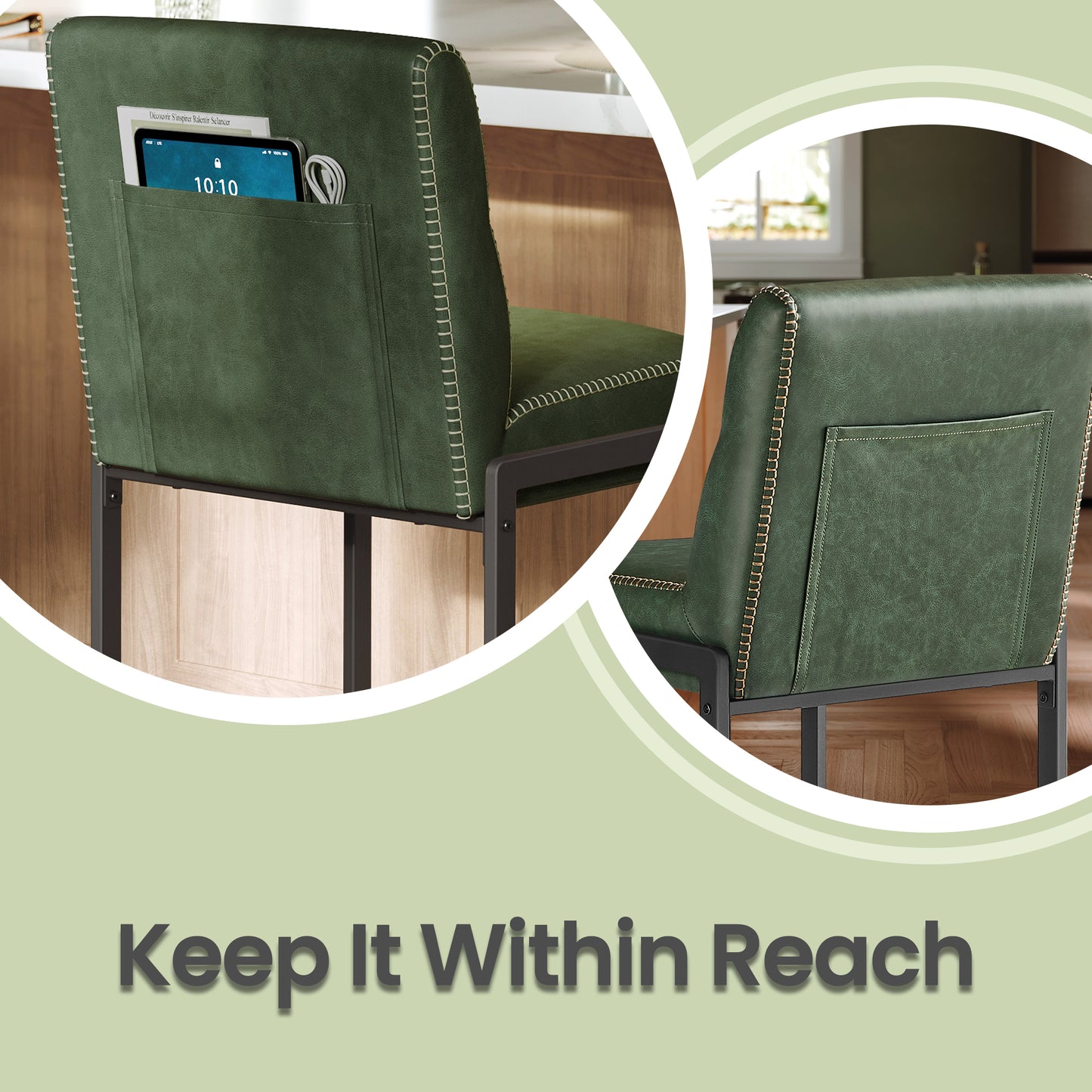 Bar Stools Set of 2, Counter Height Dining Chairs with Backs & Ergonomic Seat, Mid-Century Modern with Synthetic Leather Stitching, Integrated Back Pocket, Forest Green