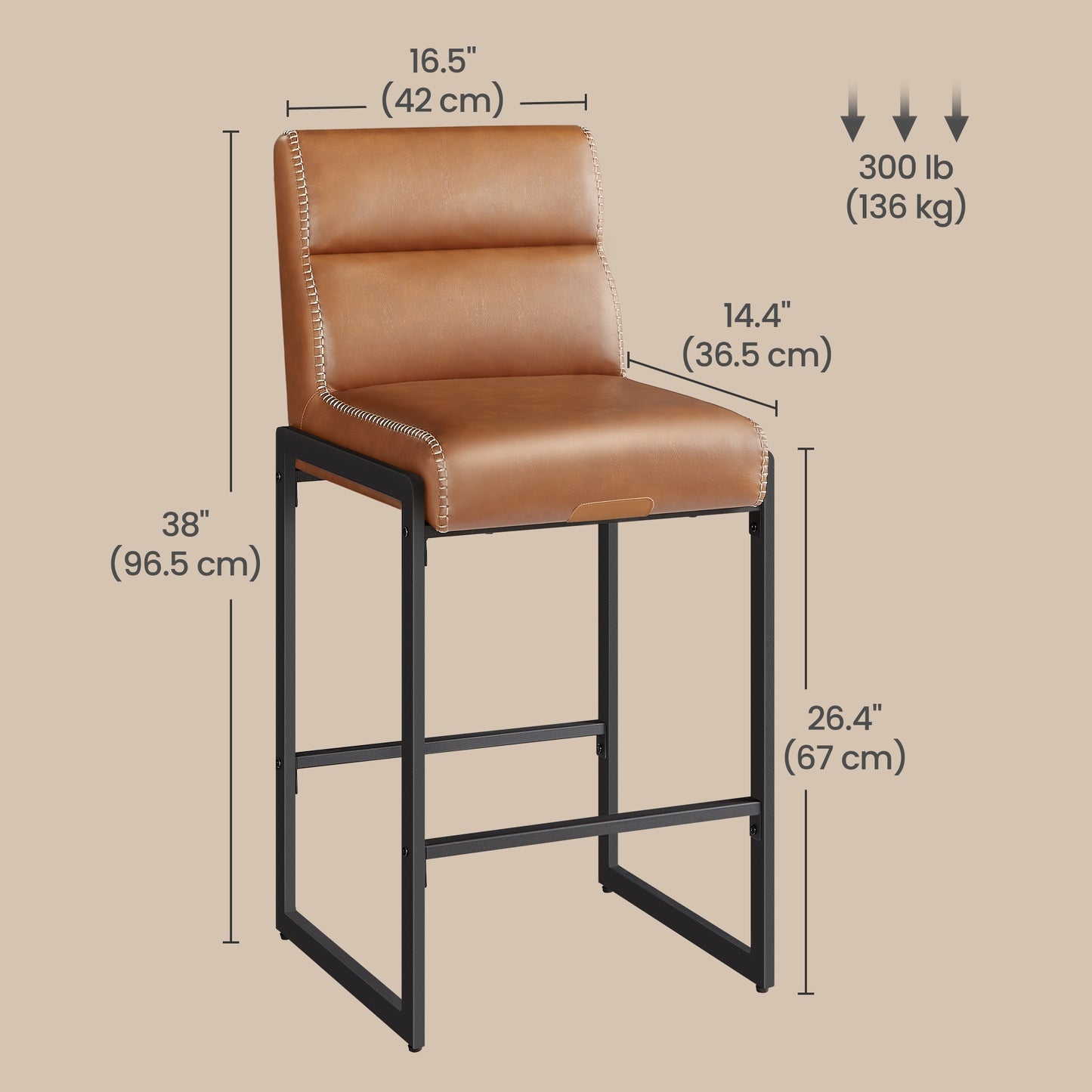 Bar Stools Set of 2, Counter Height Dining Chairs with Backs & Ergonomic Seat, Mid-Century Modern with Synthetic Leather Stitching, Integrated Back Pocket, Caramel Brown