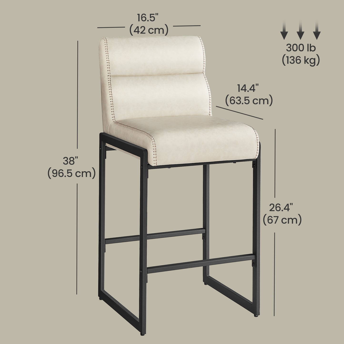 Bar Stools Set of 2, Counter Height Dining Chairs with Backs & Ergonomic Seat, Mid-Century Modern with Synthetic Leather Stitching, Integrated Back Pocket, Cream White