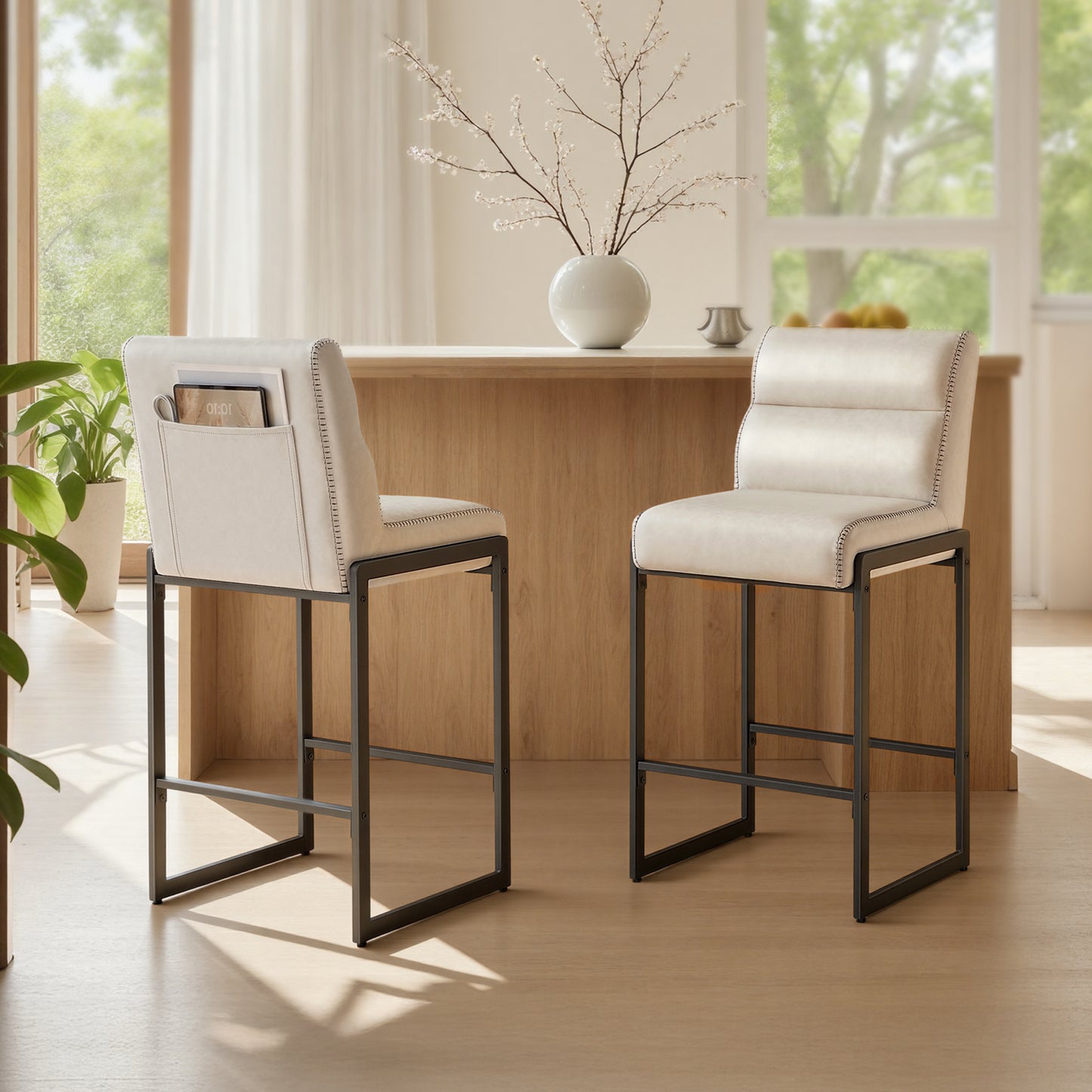 Bar Stools Set of 2, Counter Height Dining Chairs with Backs & Ergonomic Seat, Mid-Century Modern with Synthetic Leather Stitching, Integrated Back Pocket, Cream White