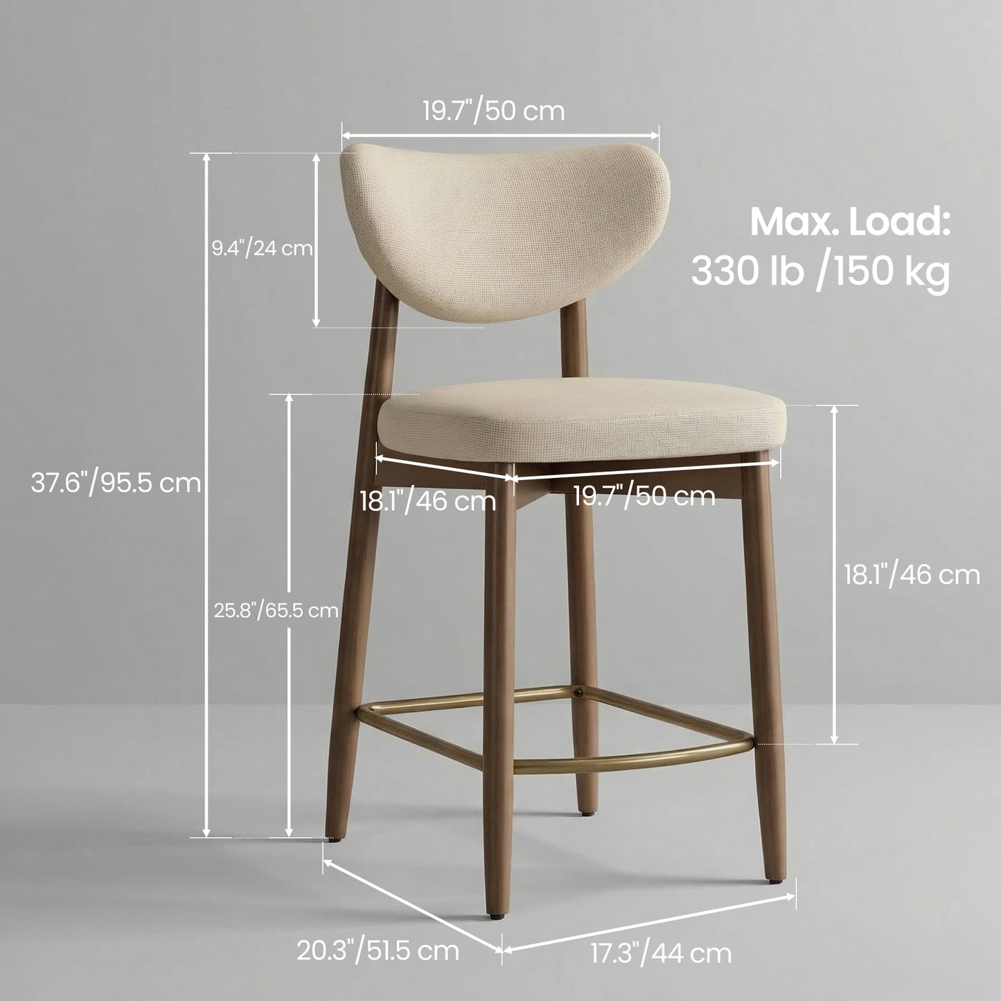 Bar Stools Set of 2, Counter Height Dining Chairs with Solid Wood Legs & Ergonomic Backrest, Upholstered Mid-Century Modern Stools for Kitchen Island, Cappuccino Beige