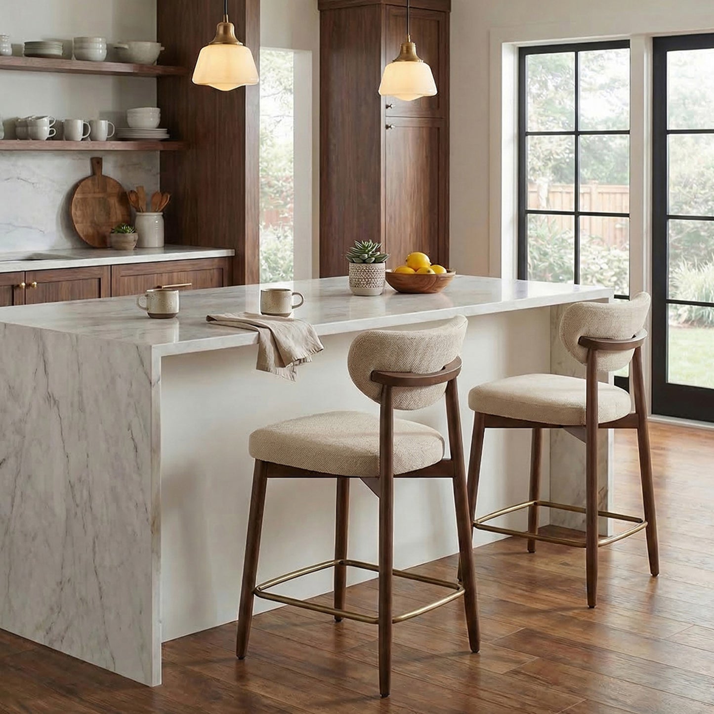 Bar Stools Set of 2, Counter Height Dining Chairs with Solid Wood Legs & Ergonomic Backrest, Upholstered Mid-Century Modern Stools for Kitchen Island, Cappuccino Beige