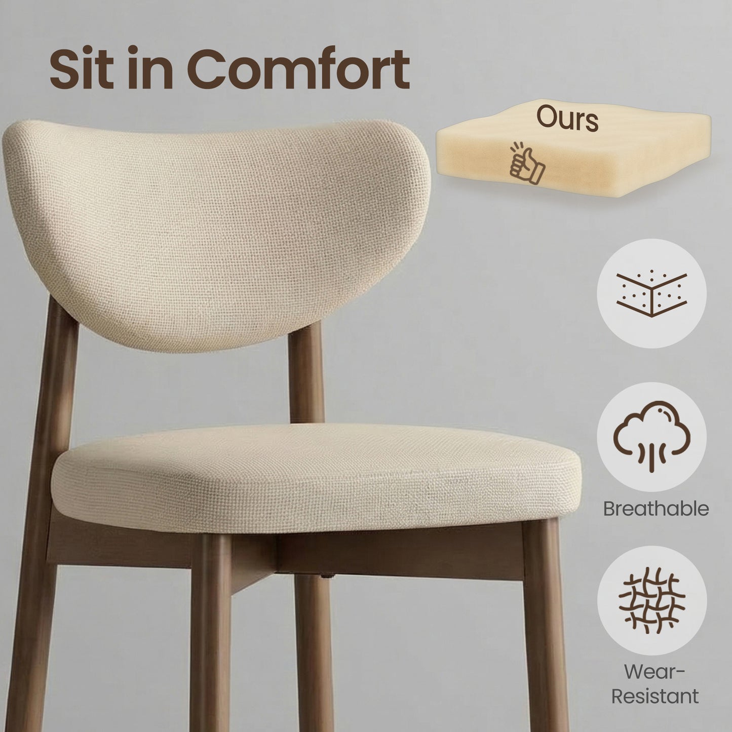 Bar Stools Set of 2, Counter Height Dining Chairs with Solid Wood Legs & Ergonomic Backrest, Upholstered Mid-Century Modern Stools for Kitchen Island, Cappuccino Beige