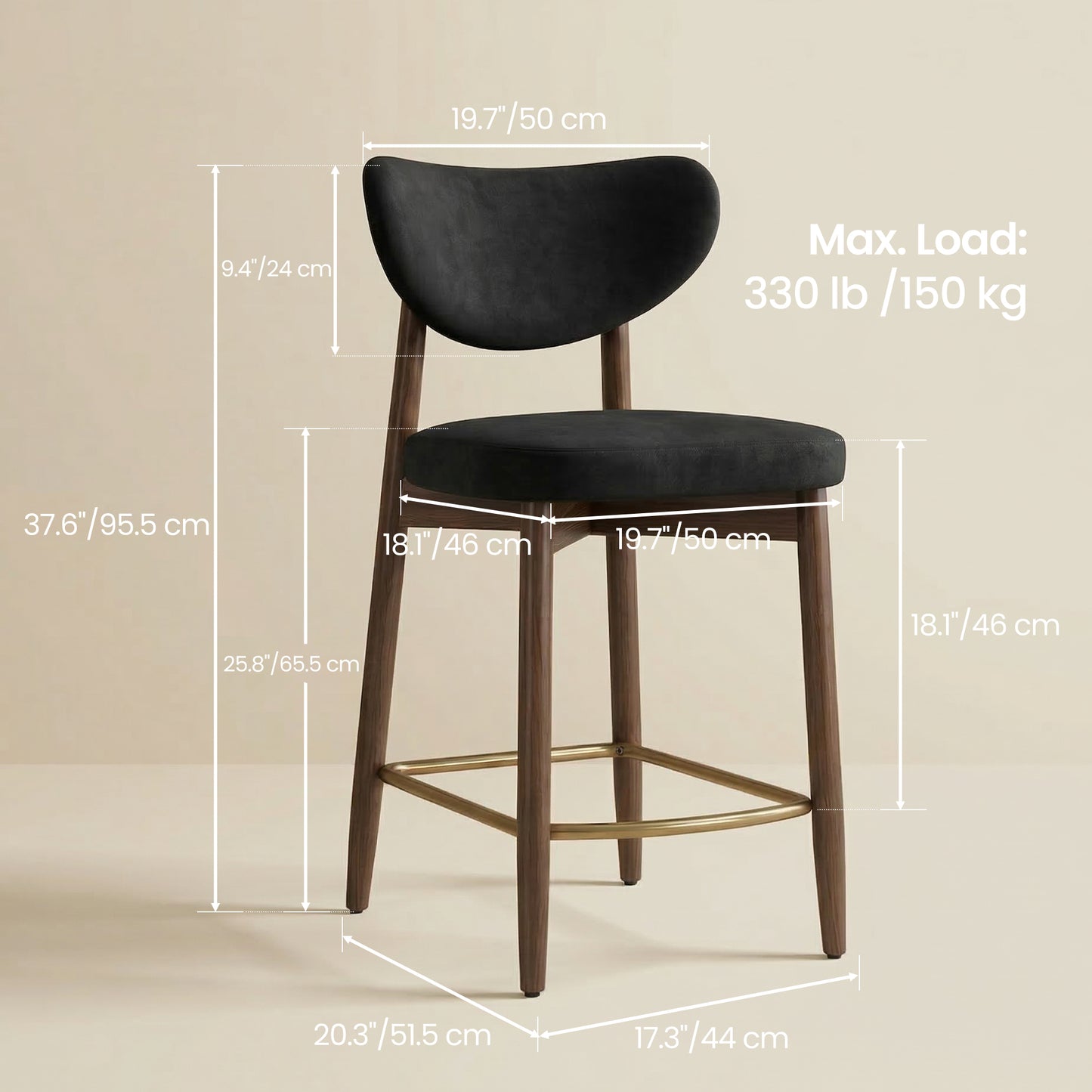 Bar Stools Set of 2, Counter Height Dining Chairs with Solid Wood Legs & Ergonomic Backrest, Upholstered Mid-Century Modern Stools for Kitchen Island, Ink Black