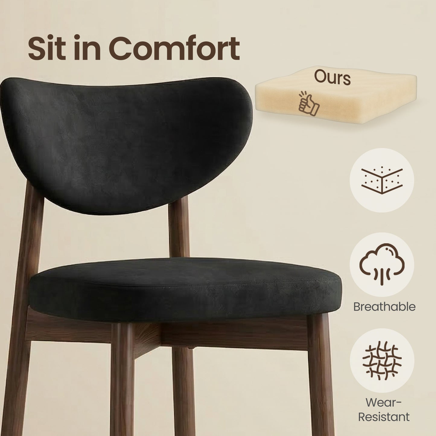 Bar Stools Set of 2, Counter Height Dining Chairs with Solid Wood Legs & Ergonomic Backrest, Upholstered Mid-Century Modern Stools for Kitchen Island, Ink Black