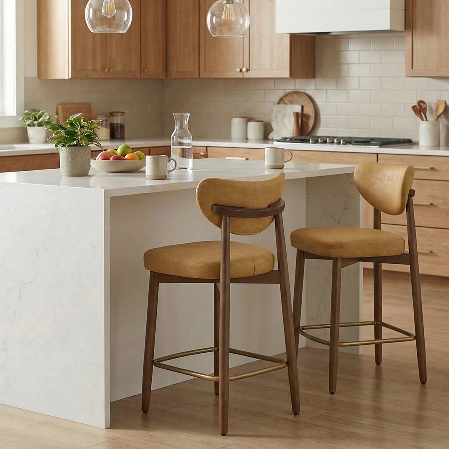 Bar Stools Set of 2, Counter Height Dining Chairs with Solid Wood Legs & Ergonomic Backrest, Upholstered Mid-Century Modern Stools for Kitchen Island, Caramel Brown
