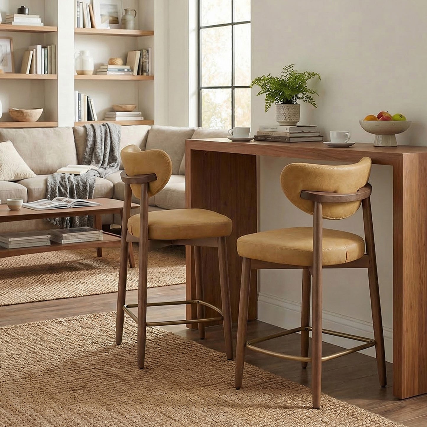 Bar Stools Set of 2, Counter Height Dining Chairs with Solid Wood Legs & Ergonomic Backrest, Upholstered Mid-Century Modern Stools for Kitchen Island, Caramel Brown