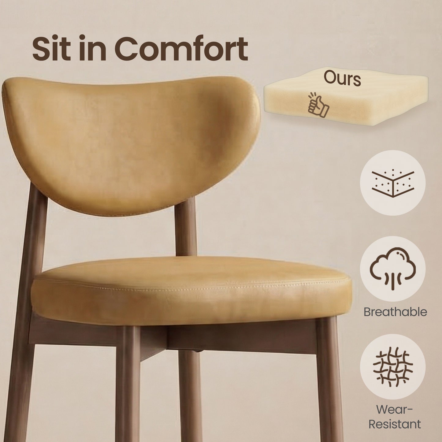 Bar Stools Set of 2, Counter Height Dining Chairs with Solid Wood Legs & Ergonomic Backrest, Upholstered Mid-Century Modern Stools for Kitchen Island, Caramel Brown