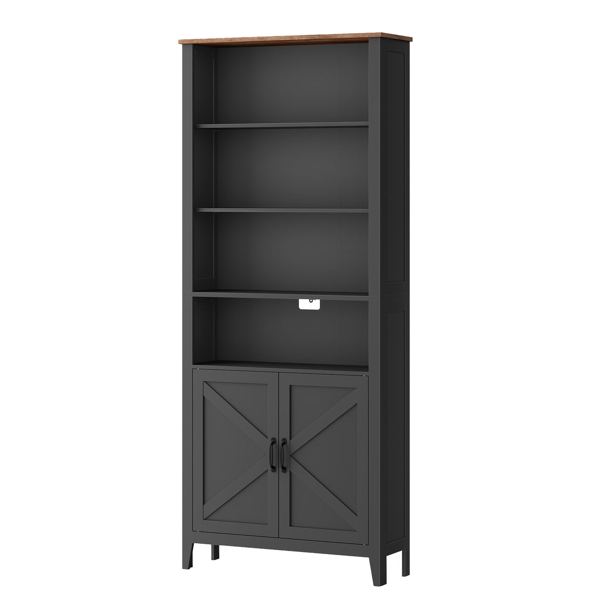 Farmhouse Tall Bookcase with Cabinet Doors and Open Shelves, 24.8 x 10 x 70.7 Inches, Black and Warm Brown