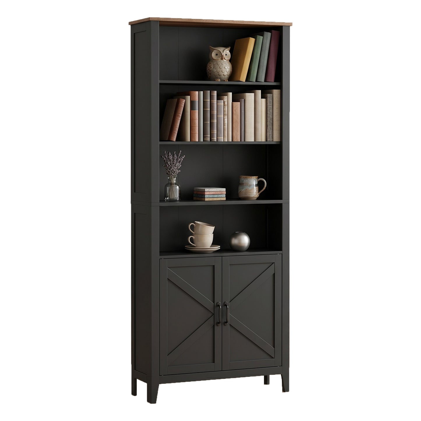 Farmhouse Tall Bookcase with Cabinet Doors and Open Shelves, 24.8 x 10 x 70.7 Inches, Black and Warm Brown