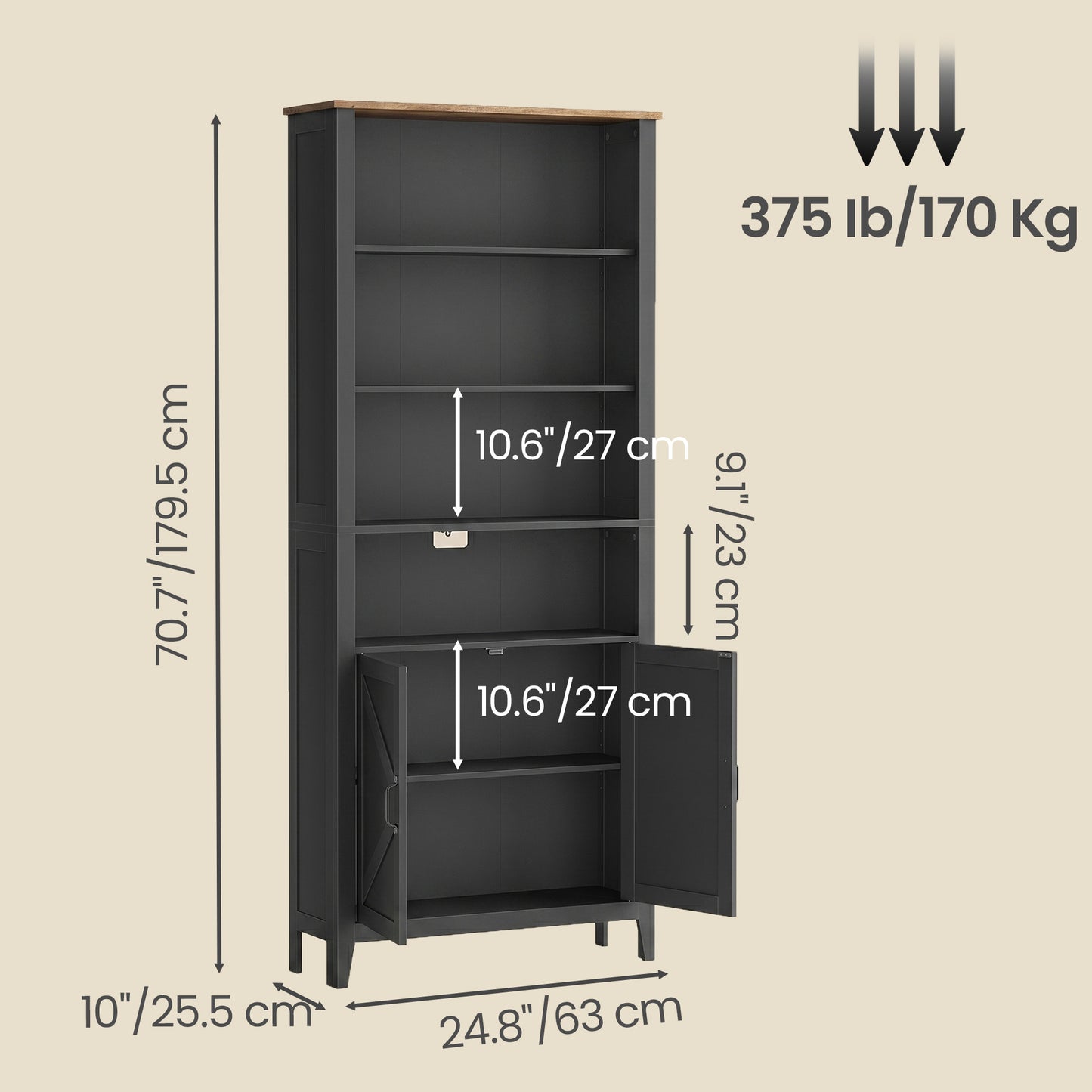 Farmhouse Tall Bookcase with Cabinet Doors and Open Shelves, 24.8 x 10 x 70.7 Inches, Black and Warm Brown