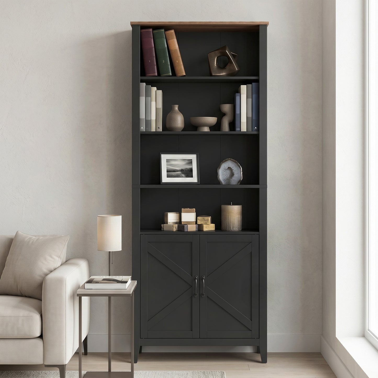 Farmhouse Tall Bookcase with Cabinet Doors and Open Shelves, 24.8 x 10 x 70.7 Inches, Black and Warm Brown