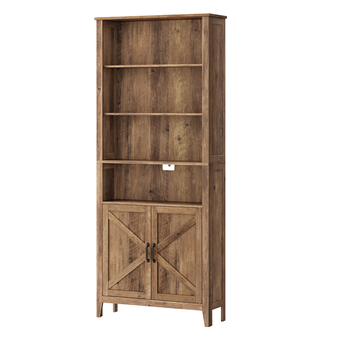 Farmhouse Tall Bookcase with Cabinet Doors and Open Shelves, 24.8 x 10 x 70.7 Inches, Warm Brown