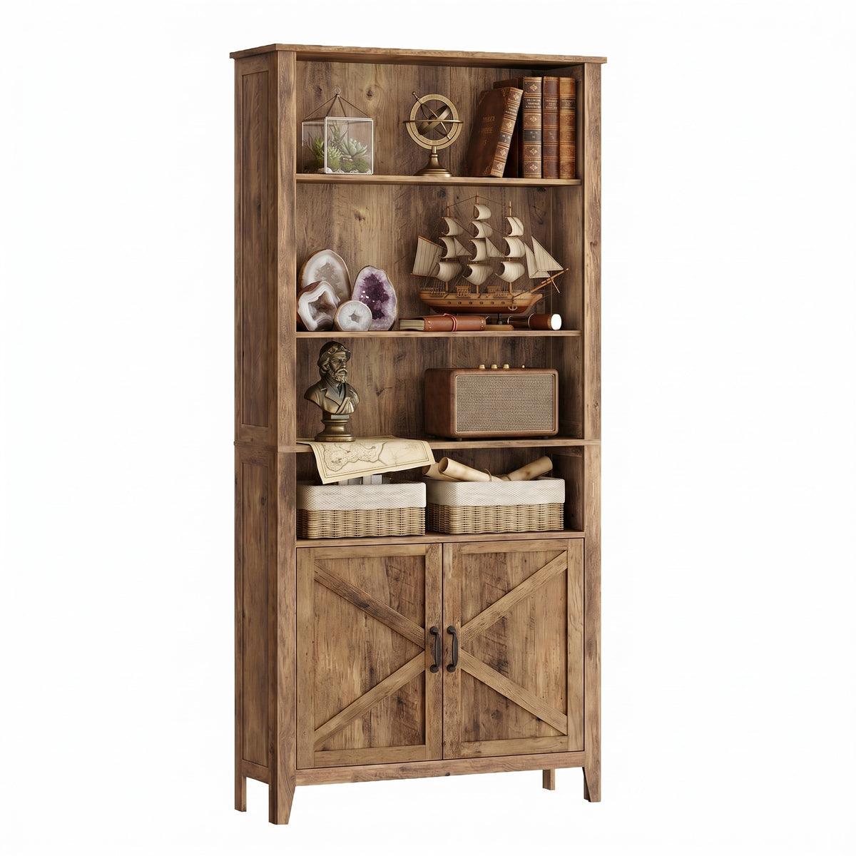 Farmhouse Tall Bookcase with Cabinet Doors and Open Shelves, 24.8 x 10 x 70.7 Inches, Warm Brown